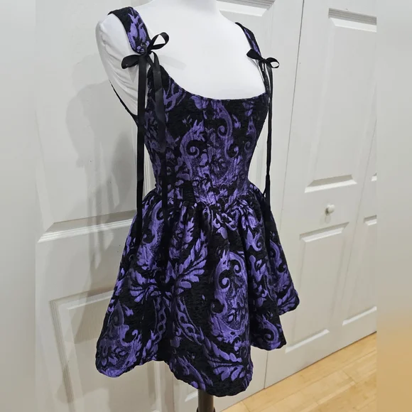 ~SOLD~ Dolls Kill Goth Widow Sultry Sins Black Purple Brocade Corset Dress XS - Picture 2 of 12